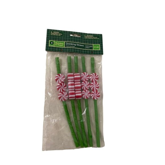 NIP Christmas Holiday Time 5 Drinking Straws Green Peppermint Candy Decoration - Picture 1 of 2